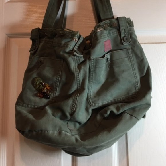 American Eagle Jean Fabric Olive Green Beads Lace Flowers Shoulder Bag Tote - Picture 7 of 16